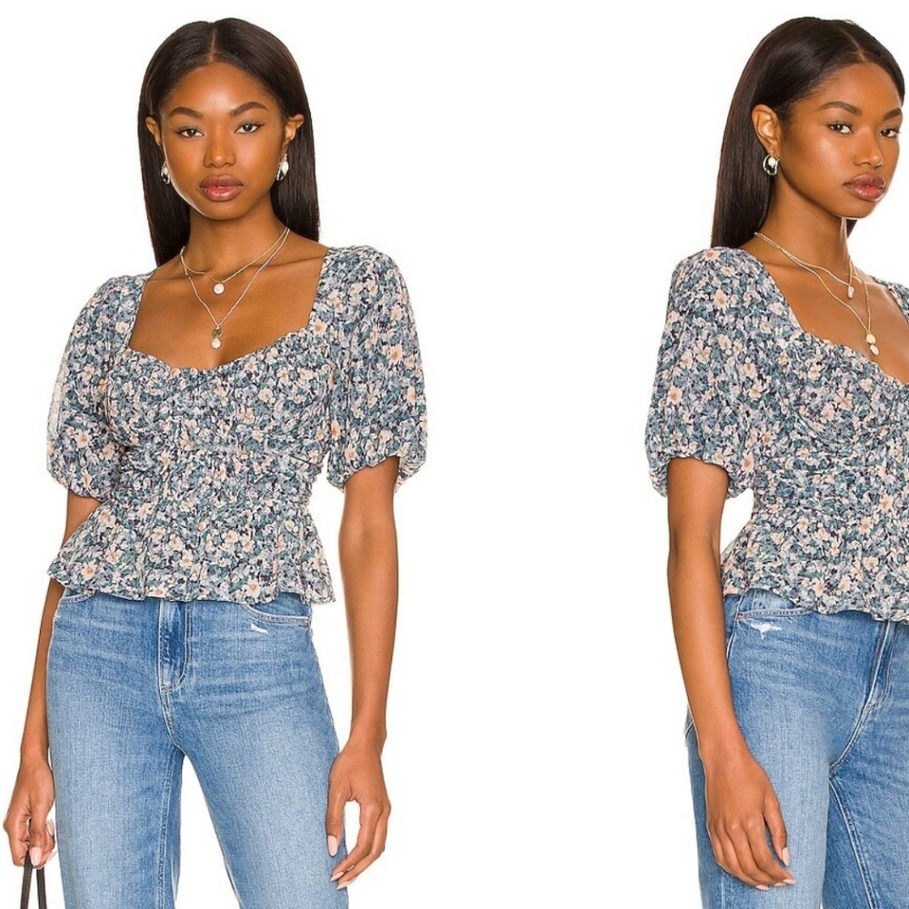 Astr Blue Puff Sleeve Smocked Crop Top